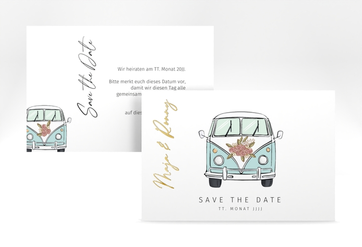 Save the Date-Karte Hochzeitsbulli A6 Karte quer blau gold