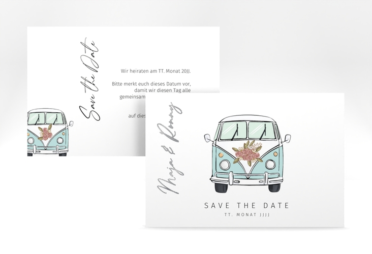 Save the Date-Karte Hochzeitsbulli A6 Karte quer blau silber
