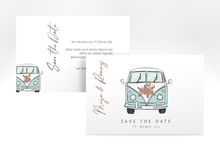 Save the Date-Karte Hochzeitsbulli A6 Karte quer blau rosegold