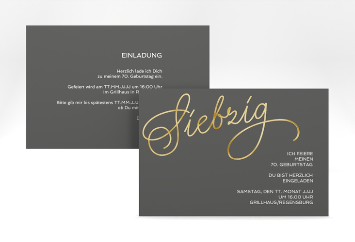 Einladung 70. Geburtstag Schwungvoll A6 Karte quer grau gold