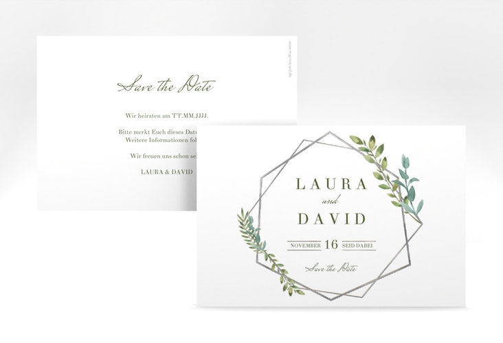 Save the Date-Karte Herbarium A6 Karte quer gold silber mit geometrischem Rahmen und Blätter-Dekor