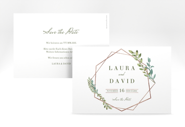 Save the Date-Karte Herbarium A6 Karte quer gold rosegold mit geometrischem Rahmen und Blätter-Dekor
