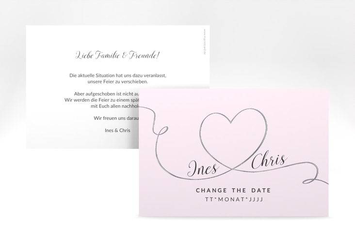 Change the Date-Karte Hochzeit Dolce A6 Karte quer rosa silber