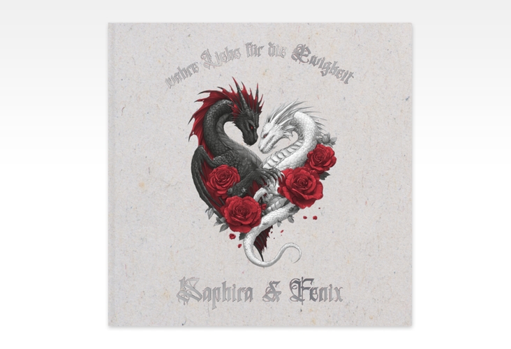 Gästebuch Creation Drachenliebe 20 x 20 cm, Hardcover grau silber mit schwarzem und weißem Drachen zu einem Herz verschlungen