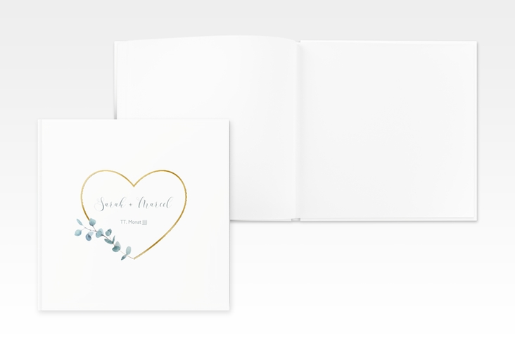 Gästebuch Creation Hochzeit Greenheart 20 x 20 cm, Hardcover gold gold mit elegantem Herz und Eukalyptus-Zweig