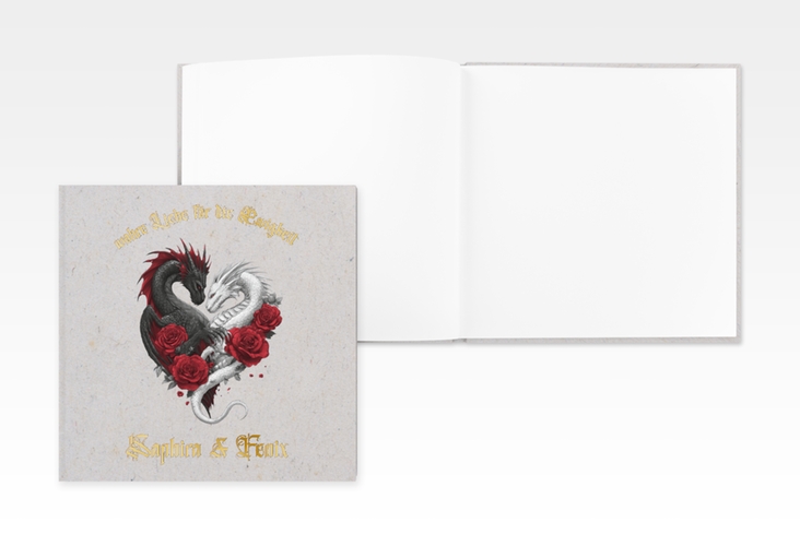 Gästebuch Creation Drachenliebe 20 x 20 cm, Hardcover grau gold mit schwarzem und weißem Drachen zu einem Herz verschlungen