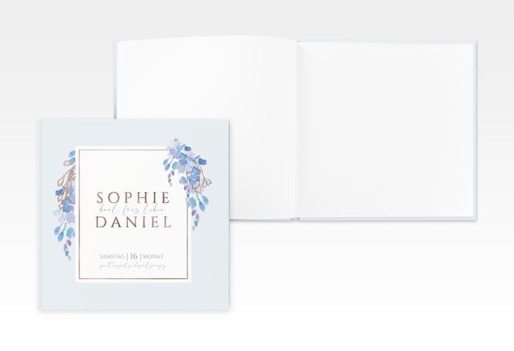 Gästebuch Creation Hochzeit Blauregen 20 x 20 cm, Hardcover blau rosegold mit Wisteria-Blüten