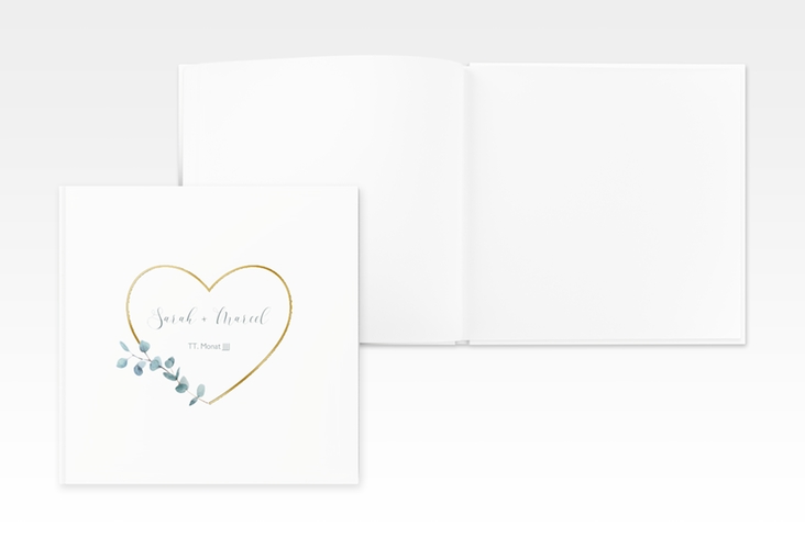 Gästebuch Creation Hochzeit Greenheart 20 x 20 cm, Hardcover grau gold mit elegantem Herz und Eukalyptus-Zweig