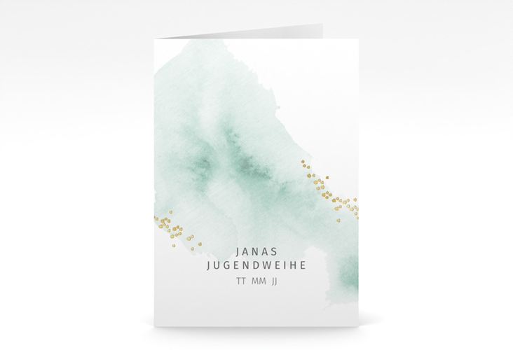 Einladung Jugendweihe Sacramento A6 Klappkarte hoch mint gold in elegantem Aquarell-Look