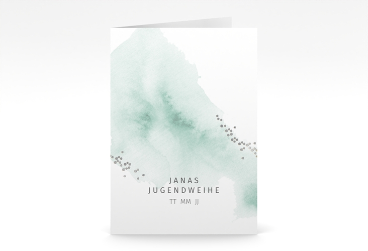Einladung Jugendweihe Sacramento A6 Klappkarte hoch mint silber in elegantem Aquarell-Look