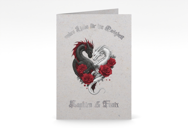 Einladungskarte Hochzeit Drachenliebe A6 Klappkarte hoch grau silber mit schwarzem und weißem Drachen zu einem Herz verschlungen