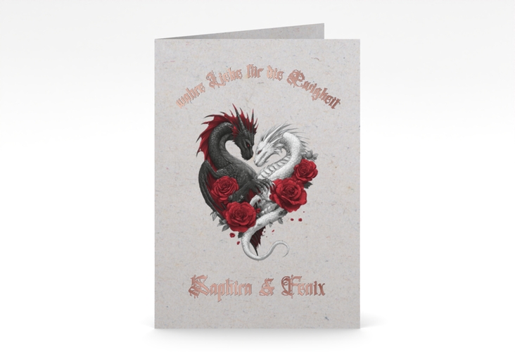 Einladungskarte Hochzeit Drachenliebe A6 Klappkarte hoch grau rosegold mit schwarzem und weißem Drachen zu einem Herz verschlungen