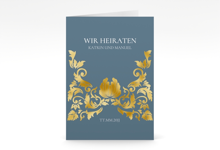 Einladungskarte Hochzeit Royal A6 Klappkarte hoch blau gold mit barockem Blumen-Ornament