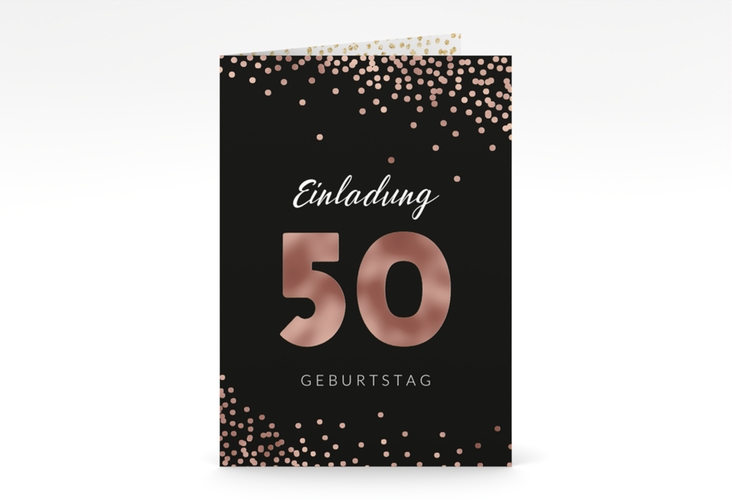 Einladung 50. Geburtstag Glitzer A6 Klappkarte hoch gold rosegold