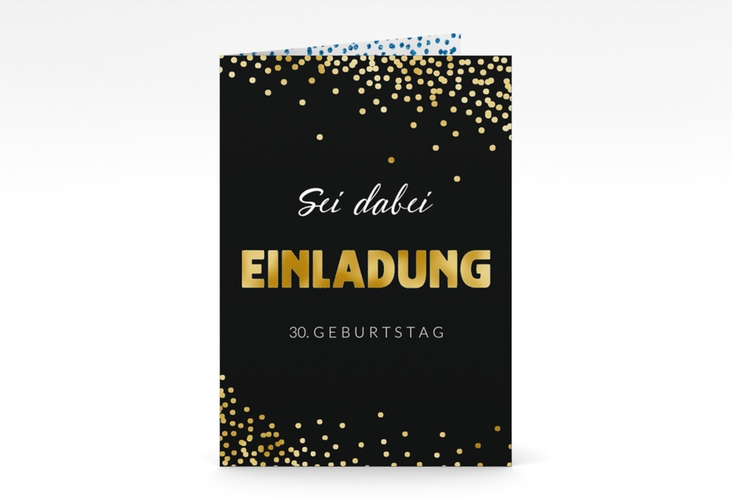 Einladung Geburtstag Glitzer A6 Klappkarte hoch blau gold