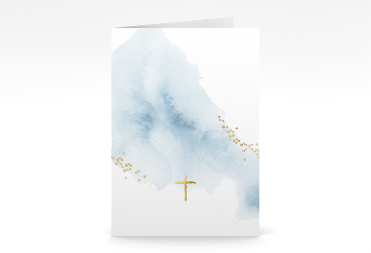 Kommunionseinladung Sakrament A6 Klappkarte hoch blau gold in elegantem Aquarell-Look
