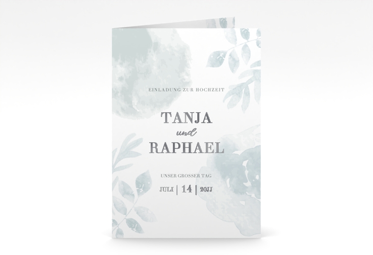 Einladungskarte Hochzeit Blätterdruck A6 Klappkarte hoch mint silber