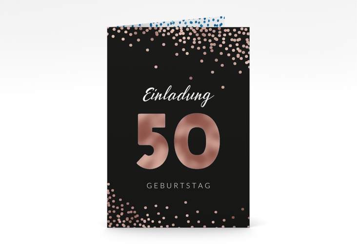Einladung 50. Geburtstag Glitzer A6 Klappkarte hoch blau rosegold