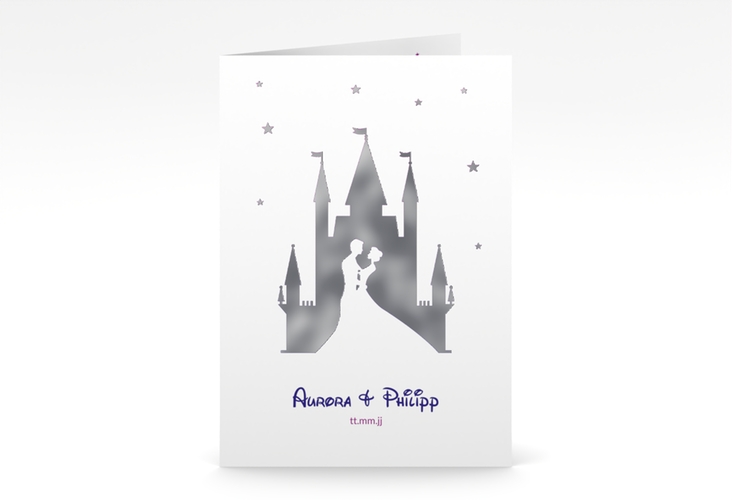 Einladungskarte Hochzeit Castle A6 Klappkarte hoch lila silber