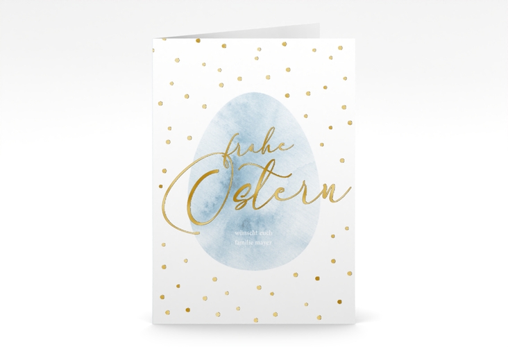 Osterkarte Osterei A6 Klappkarte hoch blau gold mit Punkten
