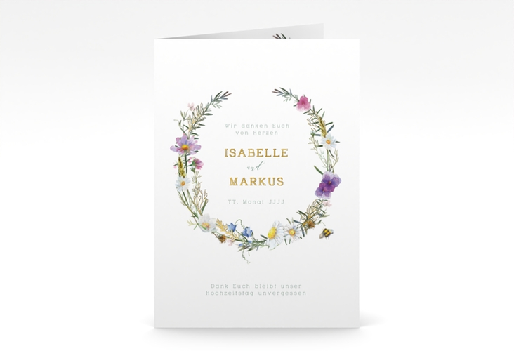 Dankeskarte Hochzeit Blumengarten A6 Klappkarte hoch bunt gold mit Blumenkranz und Hummel