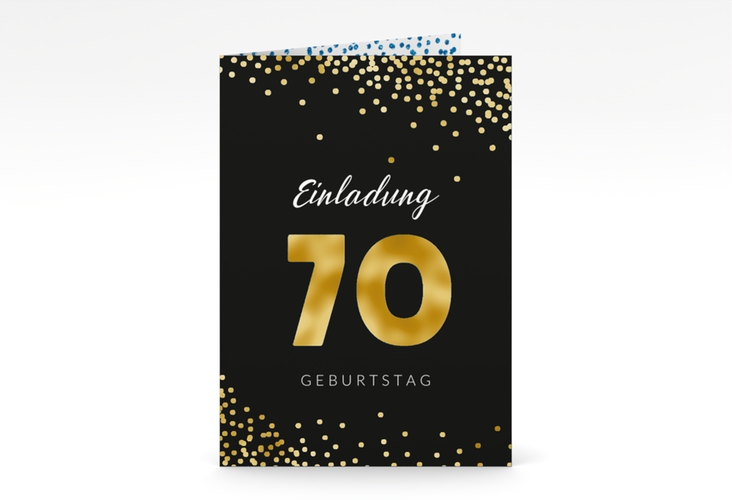Einladung 70. Geburtstag Glitzer A6 Klappkarte hoch blau gold