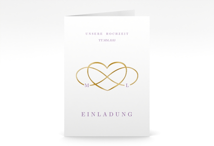 Einladungskarte Hochzeit Infinity A6 Klappkarte hoch lila gold