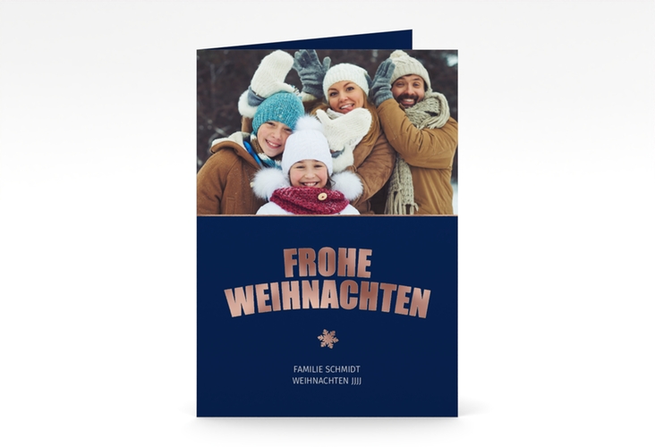 Weihnachtskarte Festtag A6 Klappkarte hoch blau rosegold zum Personalisieren mit Foto