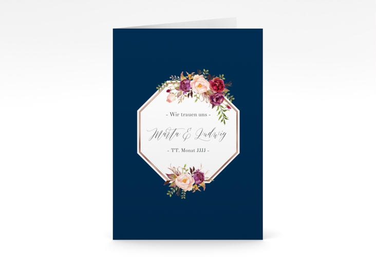 Einladungskarte Hochzeit Prachtvoll A6 Klappkarte hoch blau rosegold