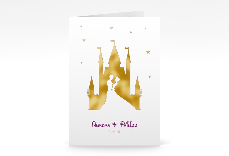 Einladungskarte Hochzeit Castle A6 Klappkarte hoch pink gold