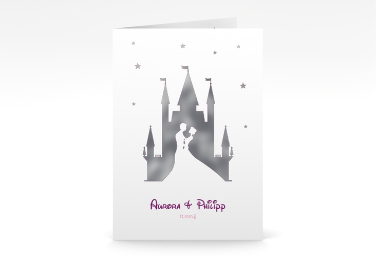 Einladungskarte Hochzeit Castle A6 Klappkarte hoch pink silber