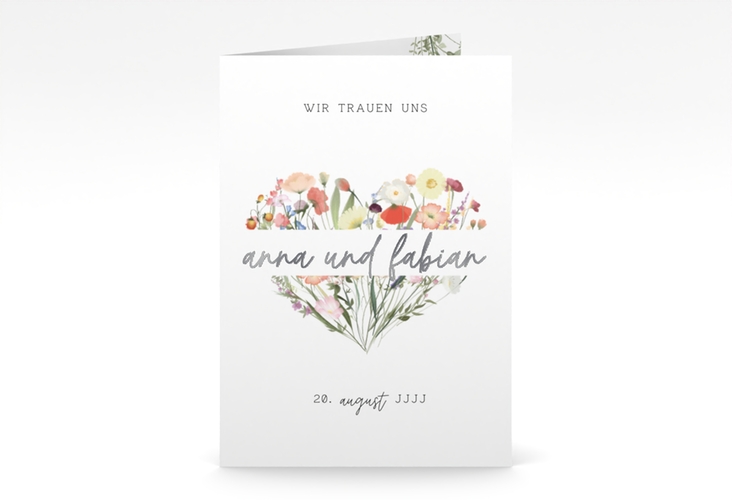 Einladungskarte Hochzeit Wildblumenherz A6 Klappkarte hoch bunt silber