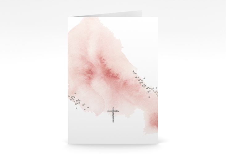 Kommunionseinladung Sakrament A6 Klappkarte hoch rosa silber in elegantem Aquarell-Look