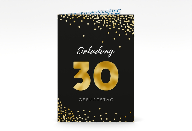 Einladung 30. Geburtstag Glitzer A6 Klappkarte hoch blau gold