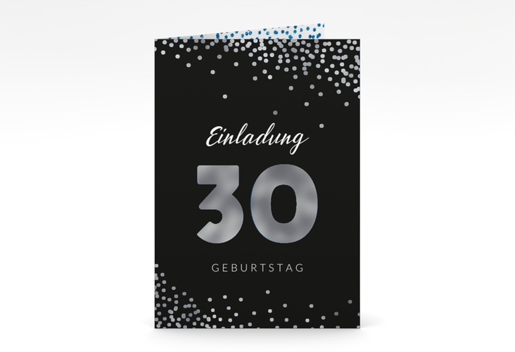 Einladung 30. Geburtstag Glitzer A6 Klappkarte hoch blau silber