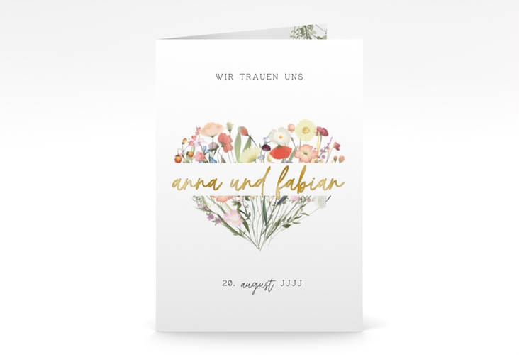 Einladungskarte Hochzeit Wildblumenherz A6 Klappkarte hoch bunt gold