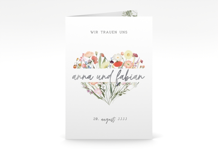 Einladungskarte Hochzeit Wildblumenherz A6 Klappkarte hoch bunt silber