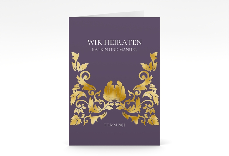 Einladungskarte Hochzeit Royal A6 Klappkarte hoch lila gold mit barockem Blumen-Ornament