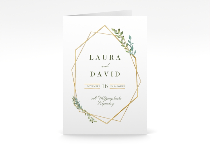 Einladungskarte Hochzeit Herbarium A6 Klappkarte hoch rosa gold mit geometrischem Rahmen und Blätter-Dekor