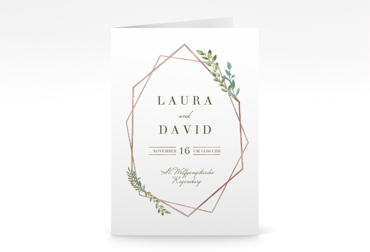 Einladungskarte Hochzeit Herbarium A6 Klappkarte hoch rosa rosegold mit geometrischem Rahmen und Blätter-Dekor