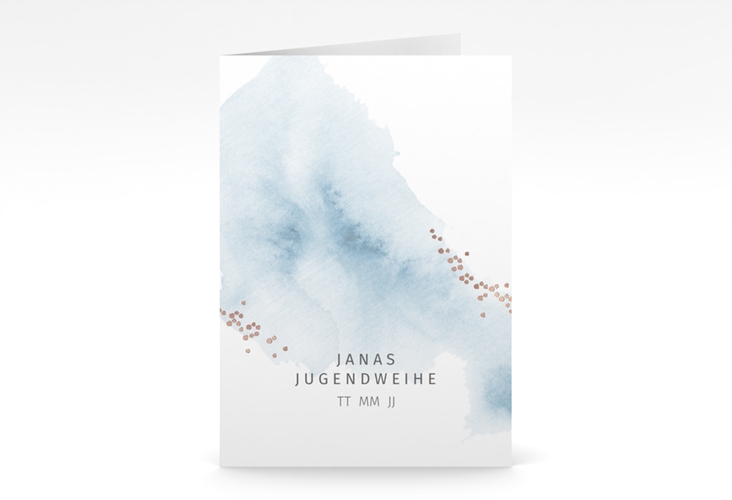Einladung Jugendweihe Sacramento A6 Klappkarte hoch blau rosegold in elegantem Aquarell-Look