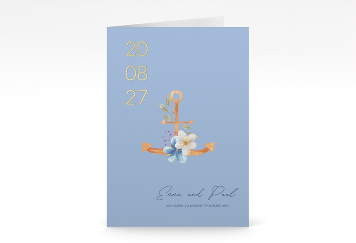 Einladungskarte Hochzeit Anker Floral A6 Klappkarte hoch blau gold