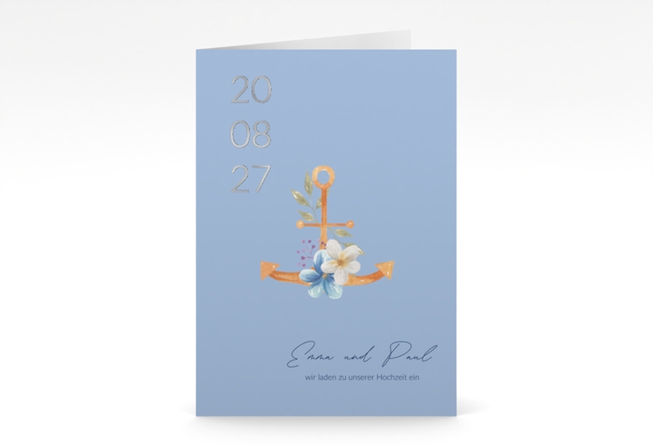 Einladungskarte Hochzeit Anker Floral A6 Klappkarte hoch blau silber