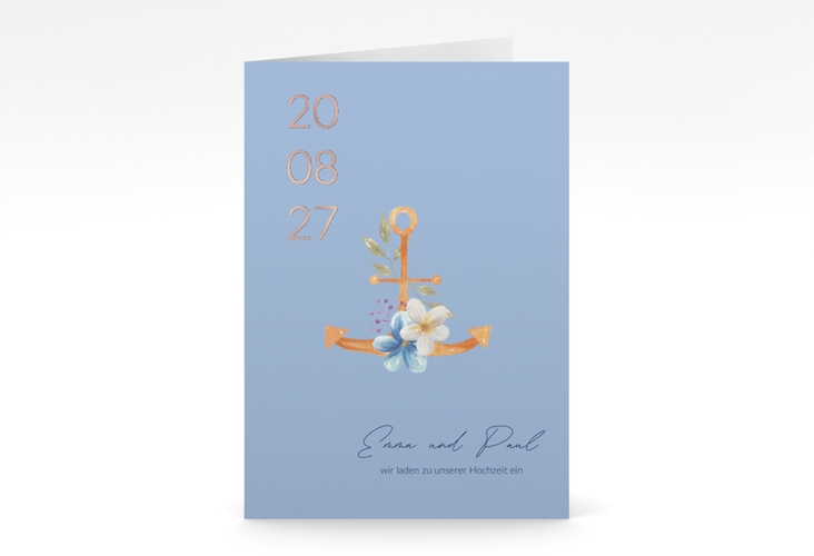 Einladungskarte Hochzeit Anker Floral A6 Klappkarte hoch blau rosegold