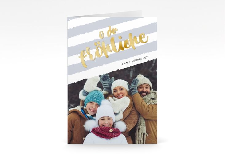 Weihnachtskarte Weihnachtslied A6 Klappkarte hoch blau gold gestreift mit Familienfoto