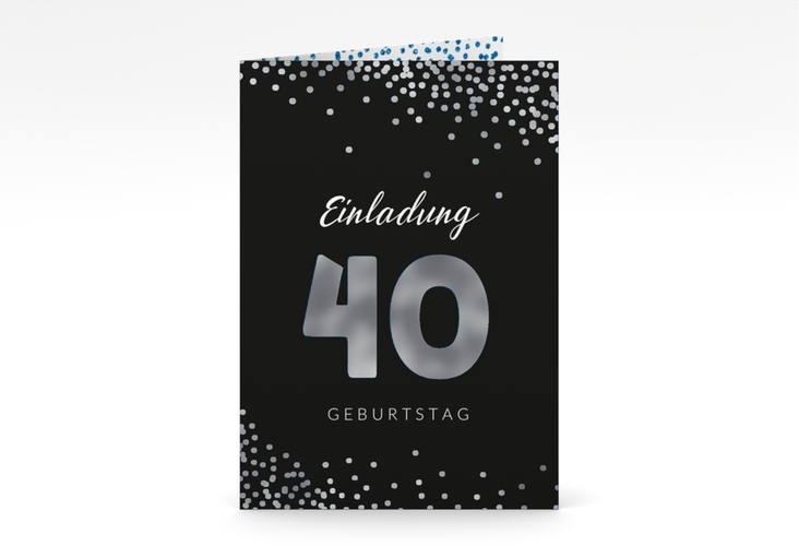Einladung 40. Geburtstag Glitzer A6 Klappkarte hoch blau silber