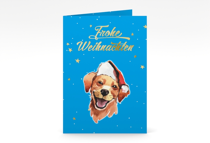 Weihnachtskarte Frosty A6 Klappkarte hoch blau gold mit Hund mit Nikolausmütze