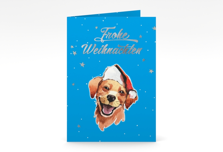 Weihnachtskarte Frosty A6 Klappkarte hoch blau silber mit Hund mit Nikolausmütze