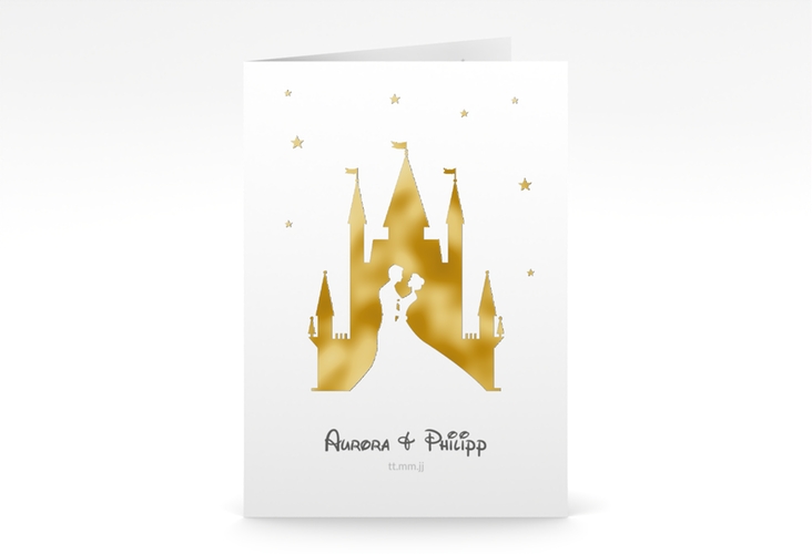 Einladungskarte Hochzeit Castle A6 Klappkarte hoch grau gold