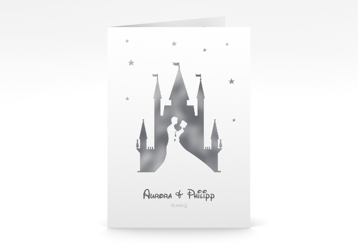 Einladungskarte Hochzeit Castle A6 Klappkarte hoch grau silber